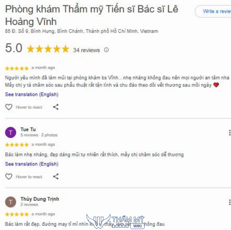 Review về phòng khám thẩm mỹ Tiến sĩ Bác sĩ Lê Hoàng Vĩnh